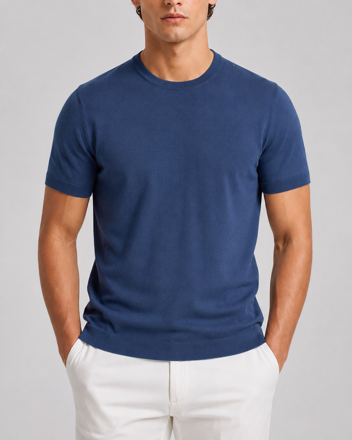 Maglia girocollo in cotone extra-fine blu denim