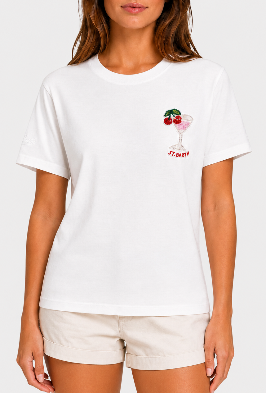 T-shirt Emilie bianca con ricamo cherry martini  strass