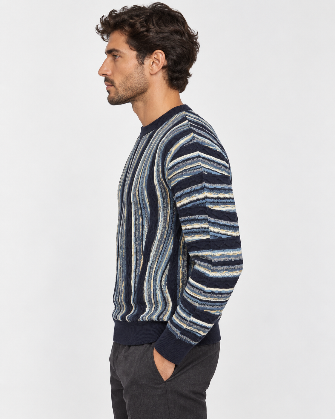 Lorenzoni Maglia girocollo uomo blu a righe azzurre e panna