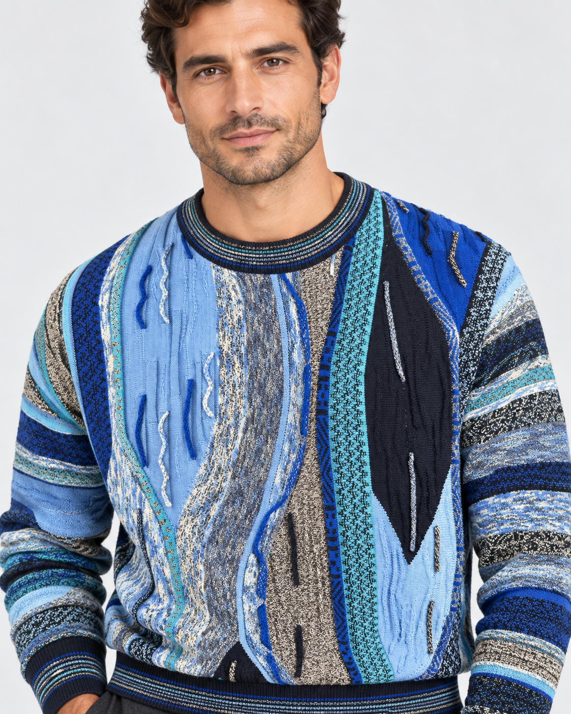 Lorenzoni Maglia girocollo uomo fantasia blu e azzurro in misto lana
