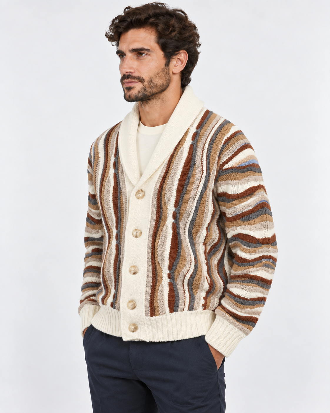 Lorenzoni Cardigan uomo fantasia panna con collo a scialle