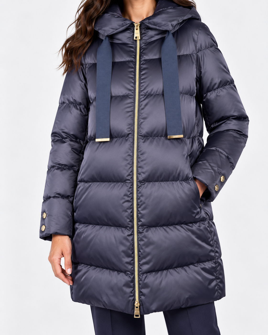 Herno women's satin nylon down jacket in new blue with hood and gold zip