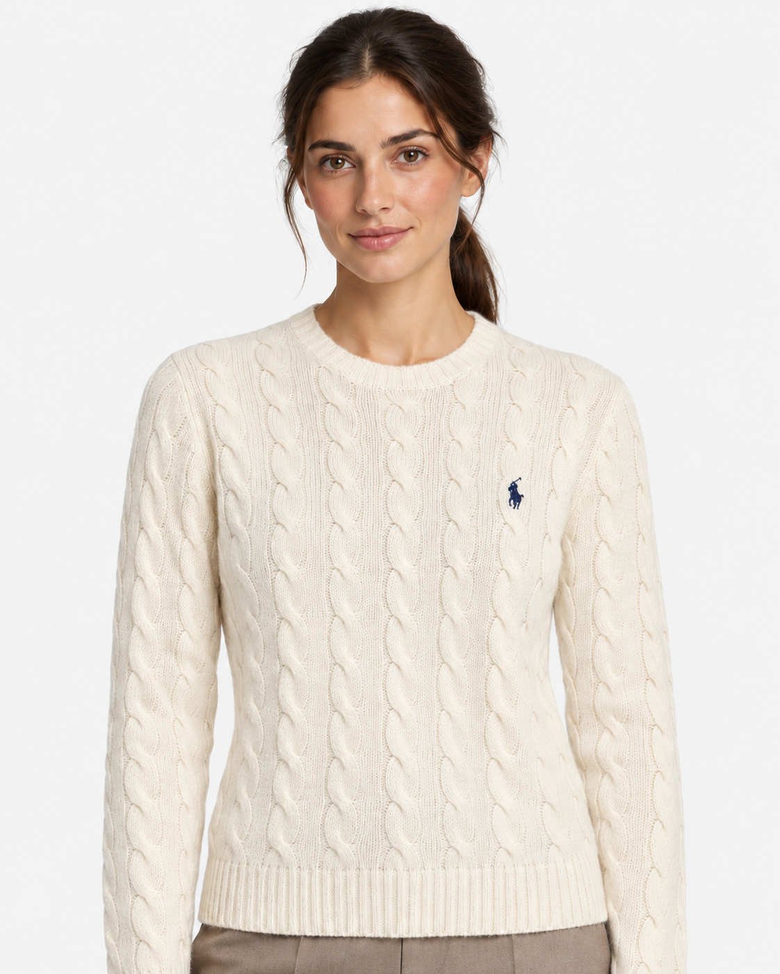White cable-knit wool and cashmere crew neck