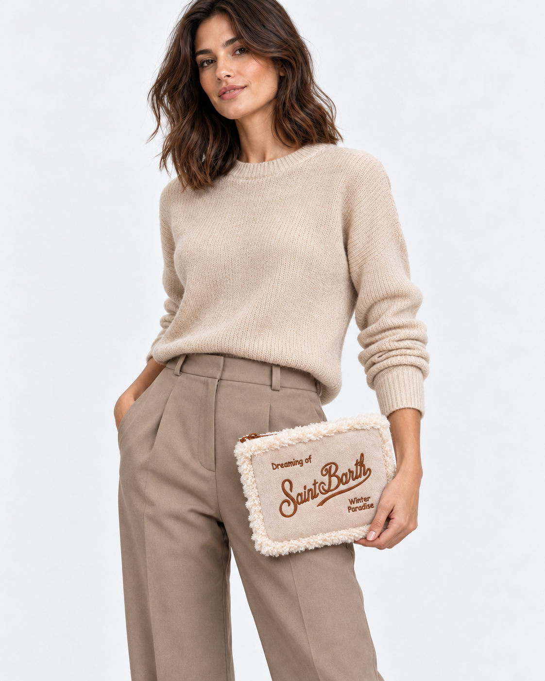 MC2 Saint Barth Pochette Donna Aline Shearling Beige e Panna
