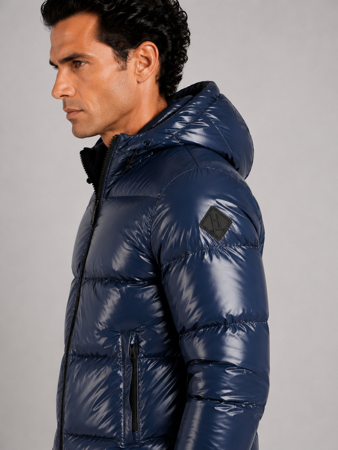 Piumino new blu con cappuccio in nylon gloss lucido effetto lacca