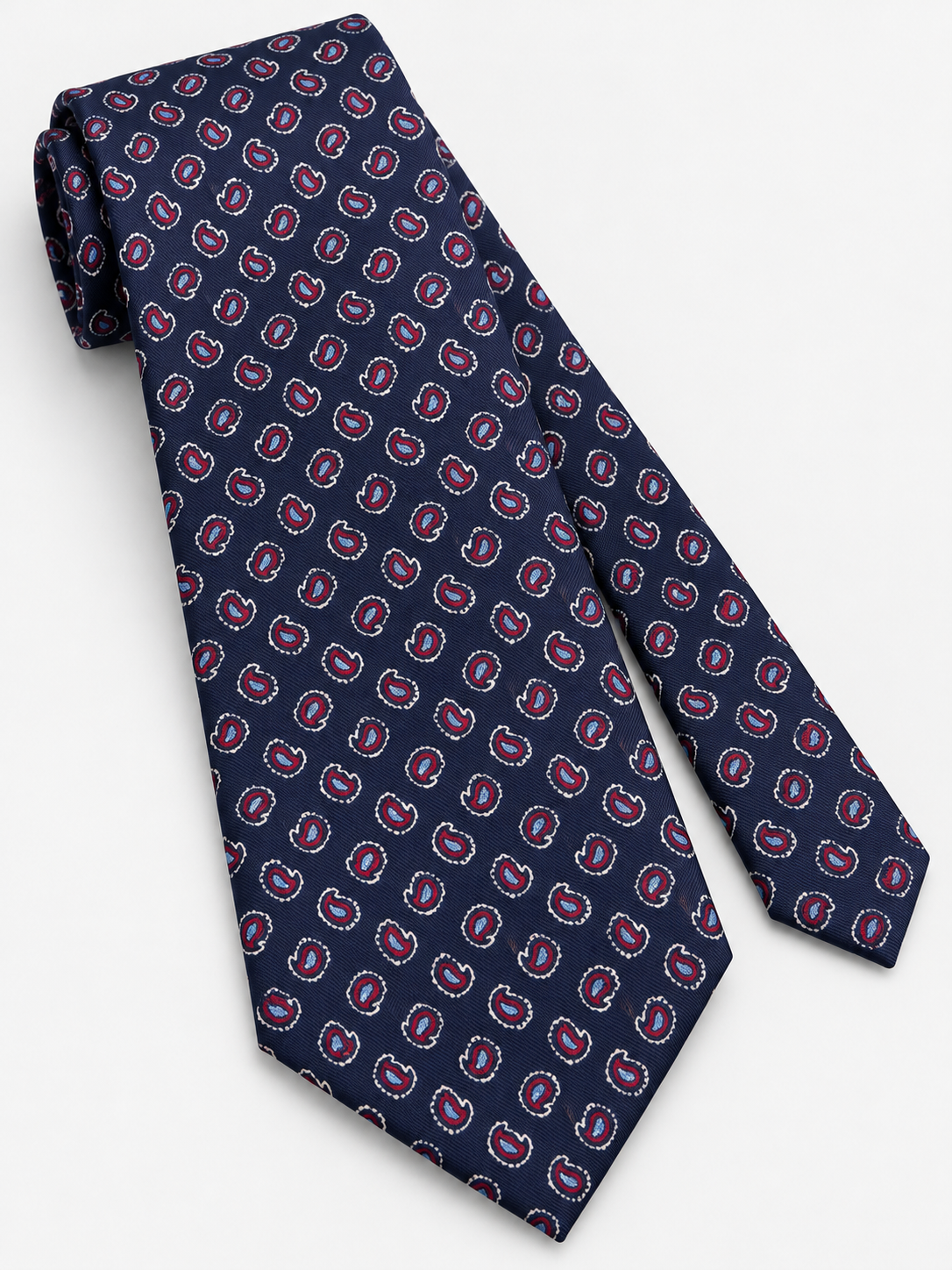 Blue and red paisley print silk tie