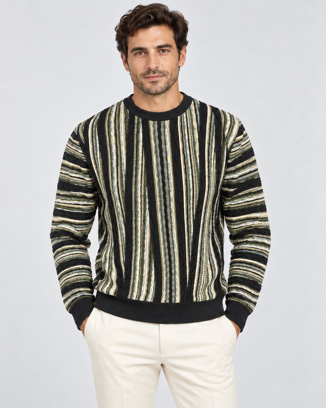 Lorenzoni Maglia girocollo uomo a righe verde oliva e panna