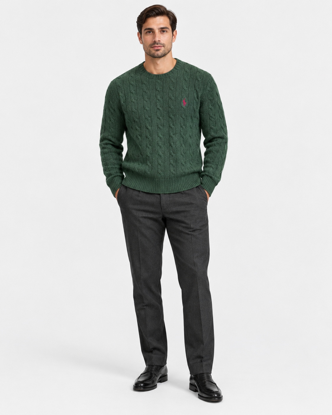 Polo Ralph Lauren Maglia Uomo Verde a Trecce in Lana e Cashmere