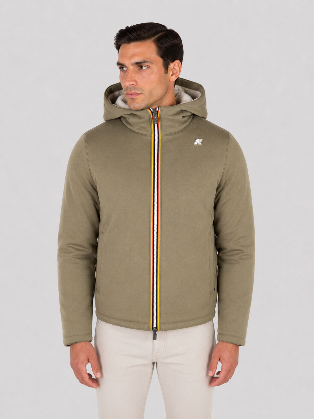 K-Way Giacca Uomo Jack light spancer fur double Reversibile con Cappuccio GREEN ARMY-FUR