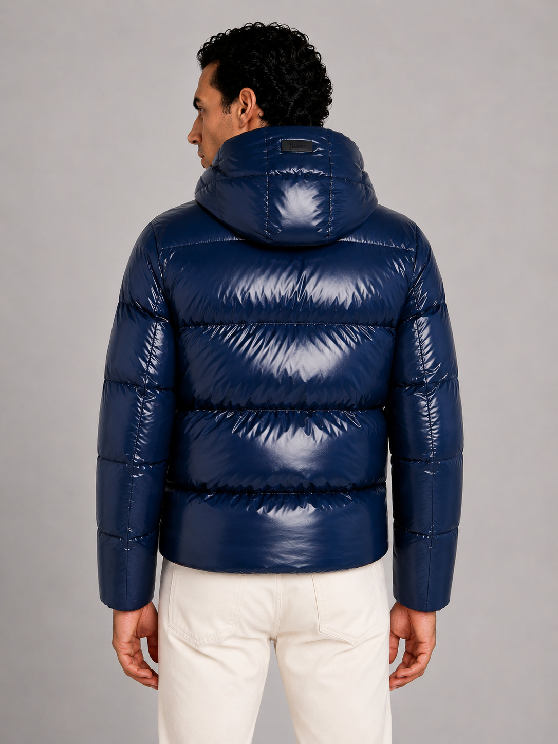 Piumino new blu con cappuccio in nylon gloss lucido effetto lacca