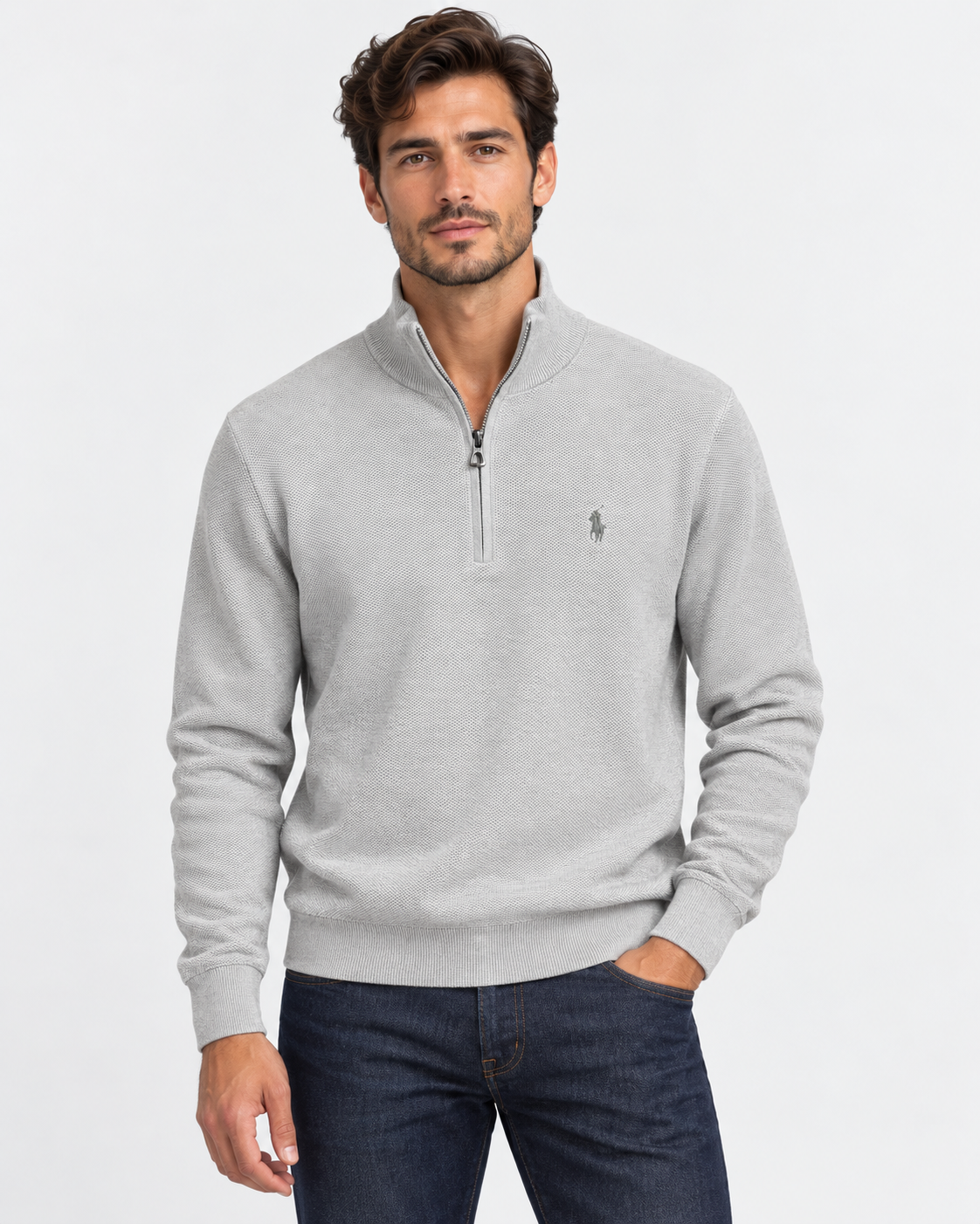 Polo Ralph Lauren Maglia Uomo Mezza Zip in Cotone Grigio Mélange