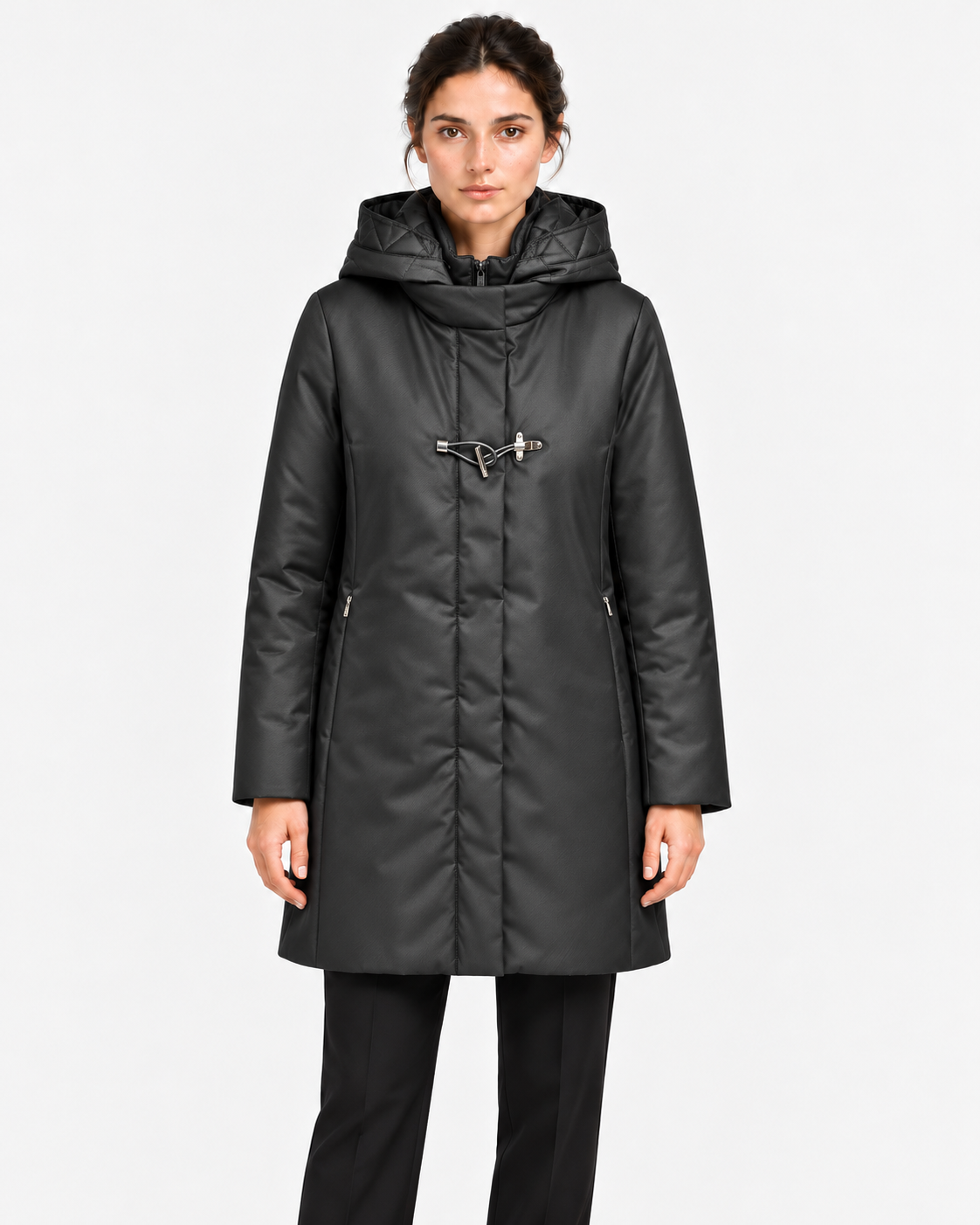 Fay Toggle Coat Donna Nero in Gabardine Tecnico con Cappuccio