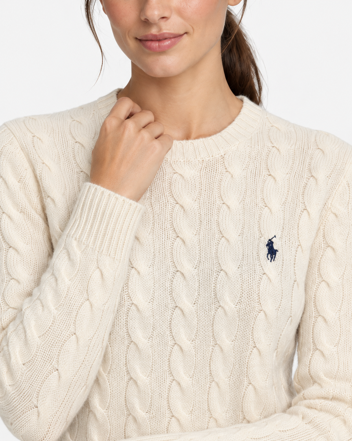 White cable-knit wool and cashmere crew neck