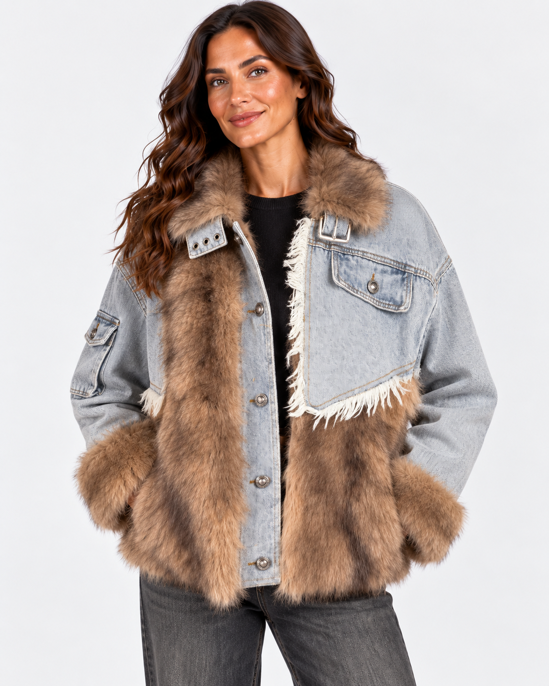 Dixie giubbotto donna in denim chiaro ed ecopelliccia