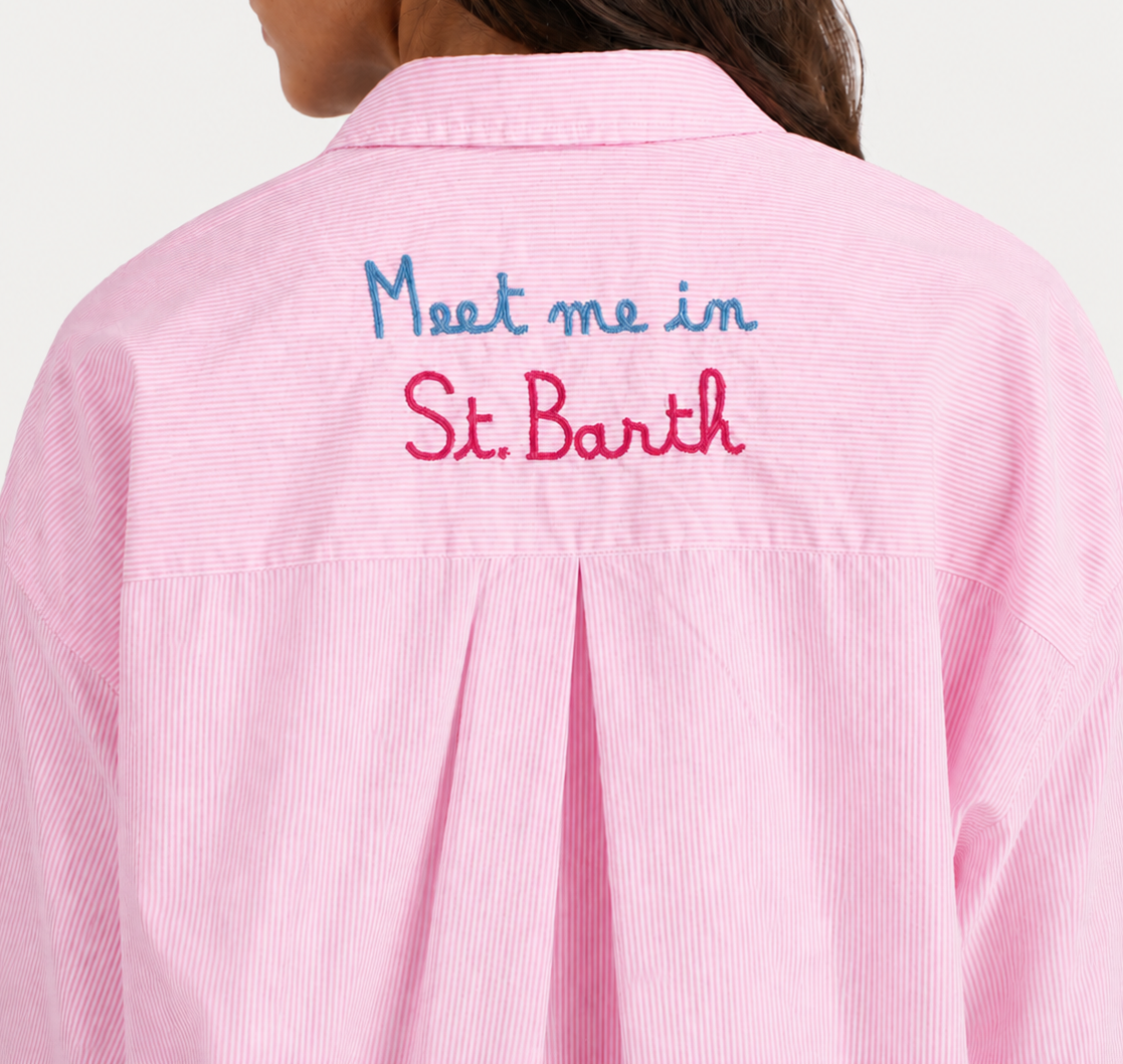 Camicia Cristal in cotone a righe rosa con ricamo Meet Me In Saint Barth