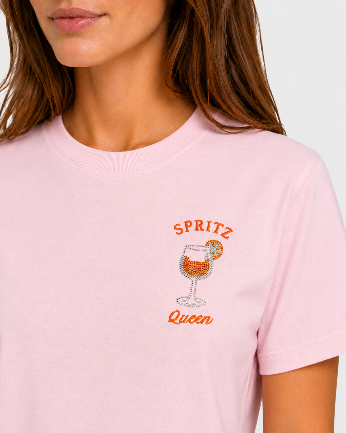 T-shirt Emilie rosa con ricamo Spritz Queen e strass