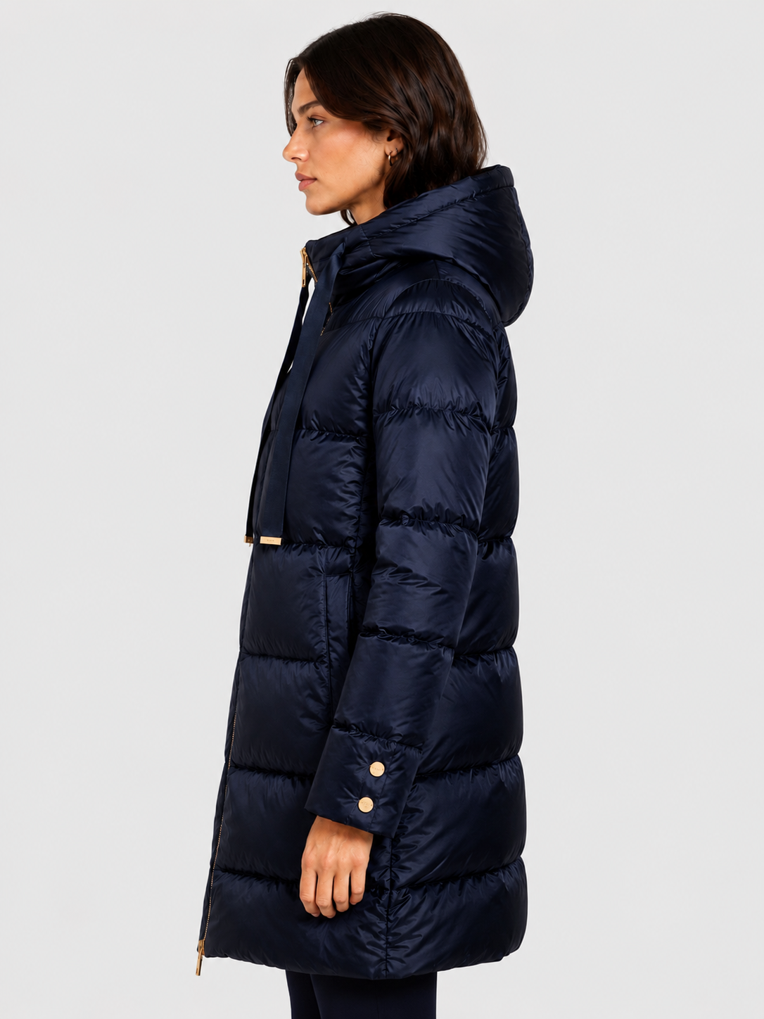 Piumino Donna Nylon Satin new blu con Cappuccio e Zip Oro