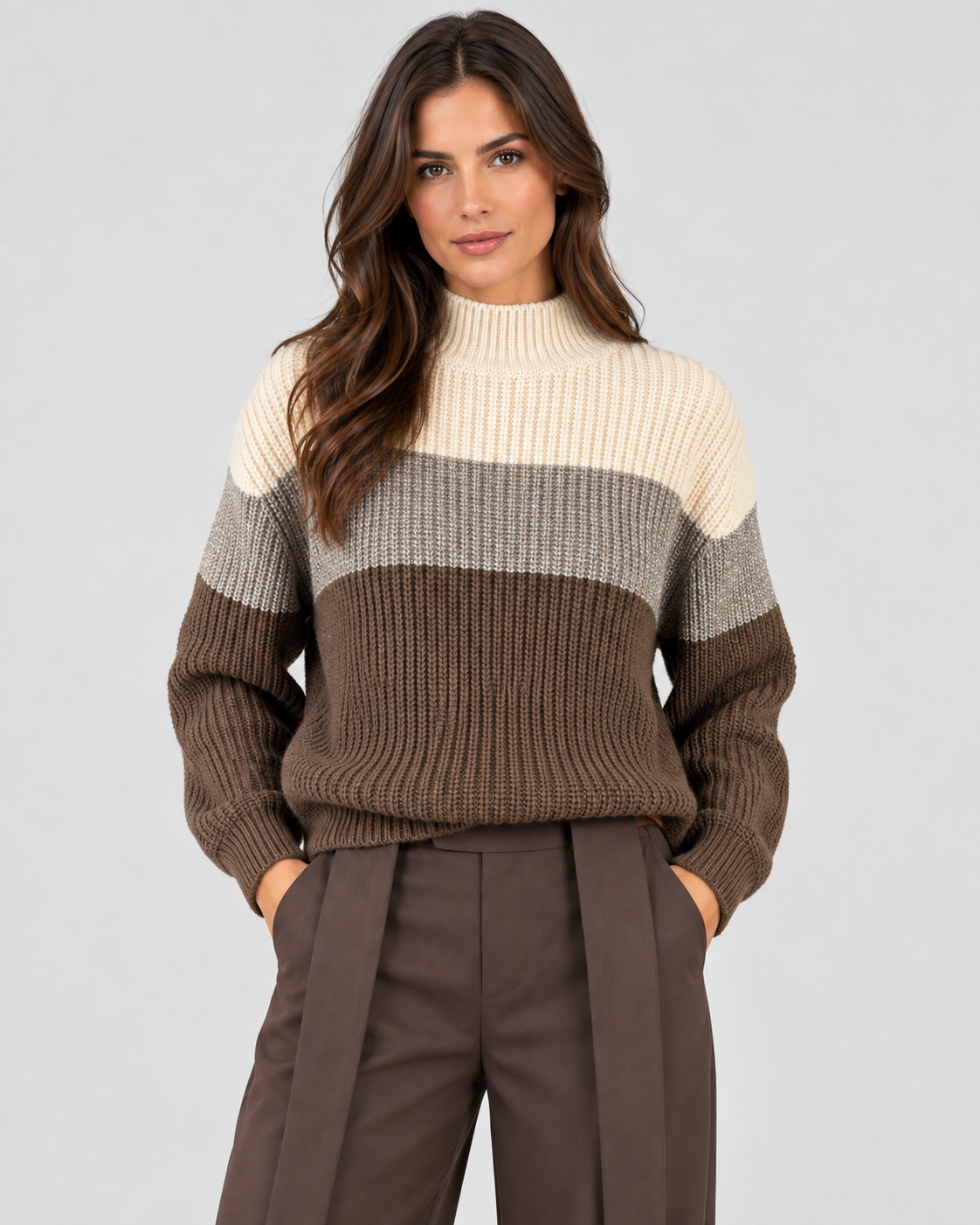 Dixie maglia donna color block collo alto panna tortora marrone