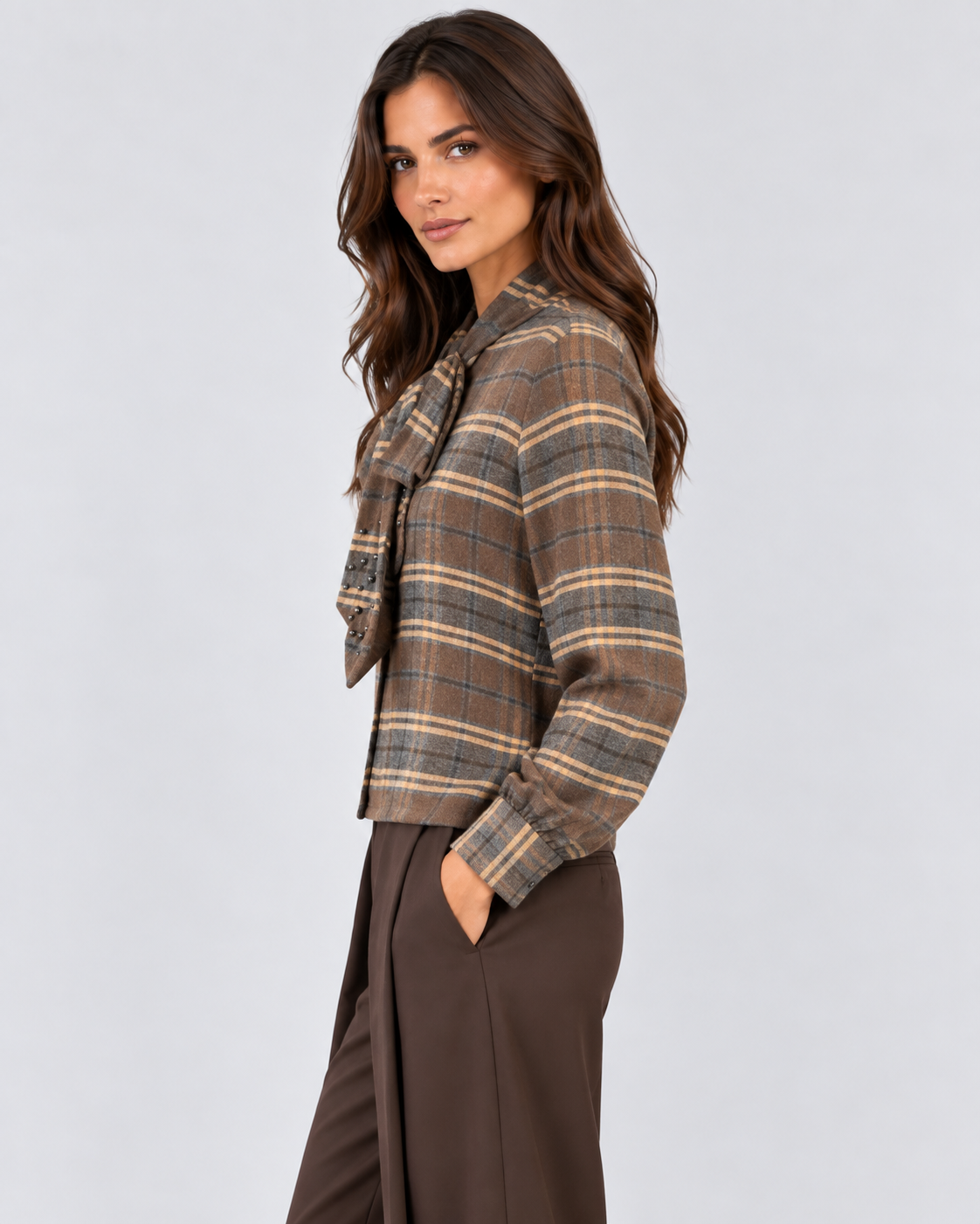 Dixie camicia donna tartan marrone con fiocco e borchie