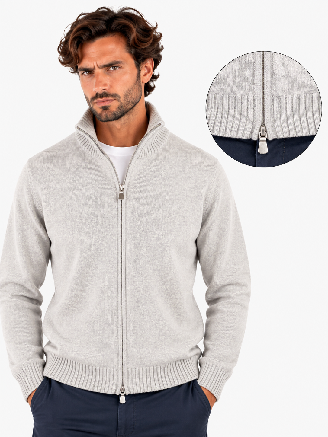 Gran Sasso Full zip uomo in cashmere grigio chiaro