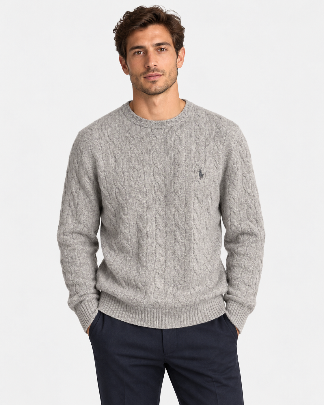 Polo Ralph Lauren Maglia Uomo Grigia in Lana e Cashmere a Trecce
