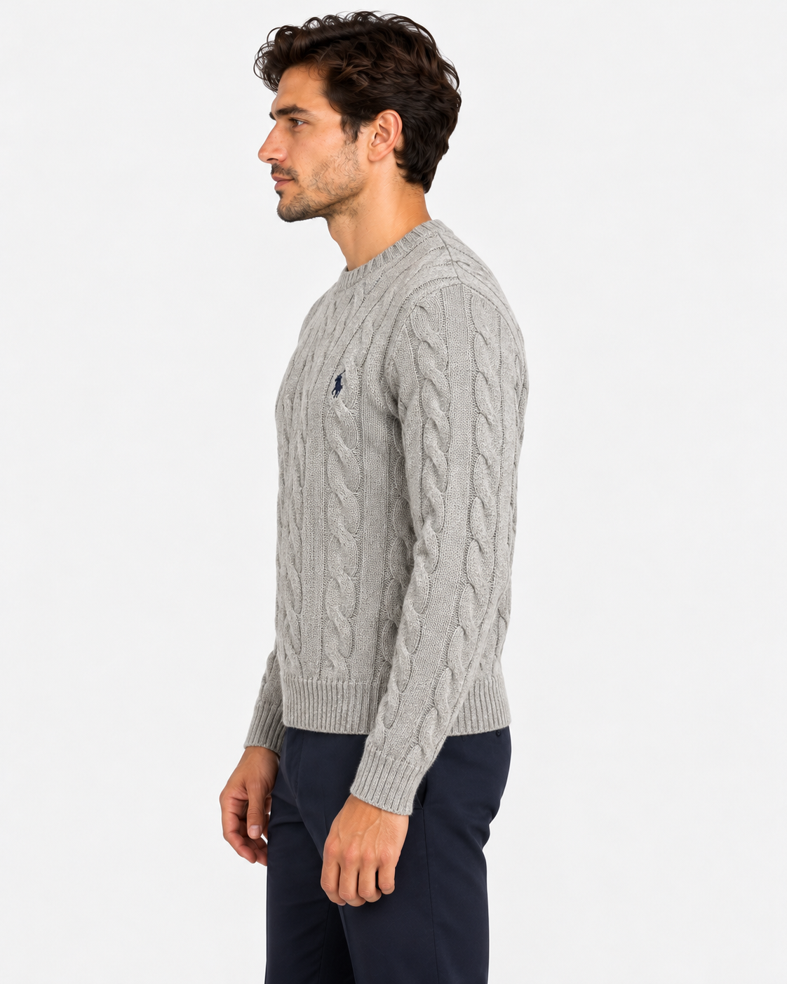 Polo Ralph Lauren Maglia Uomo a Trecce Grigia in Cotone