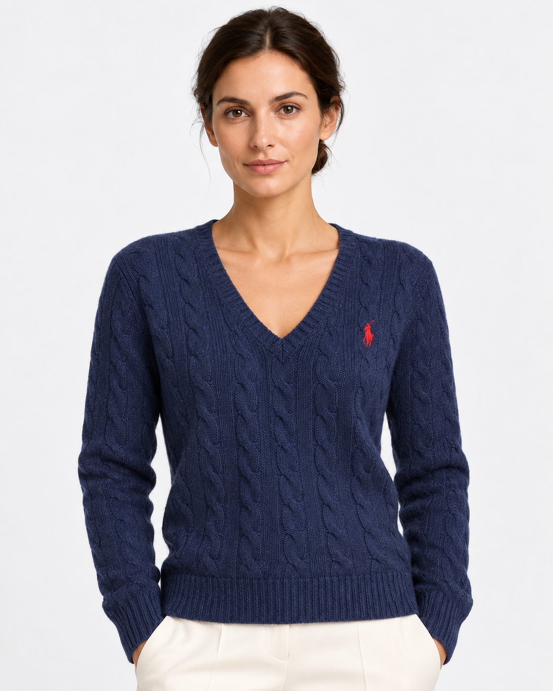 Maglione a collo a V in lana e cashmere a trecce blu