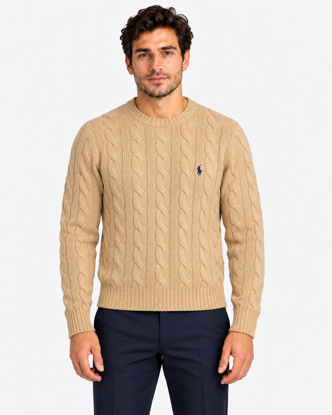 Polo Ralph Lauren Maglia Uomo a Trecce Brown in Cotone