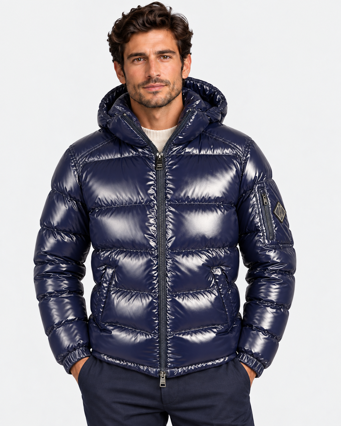 Herno Piumino uomo blu con cappuccio e zip a doppio cursore