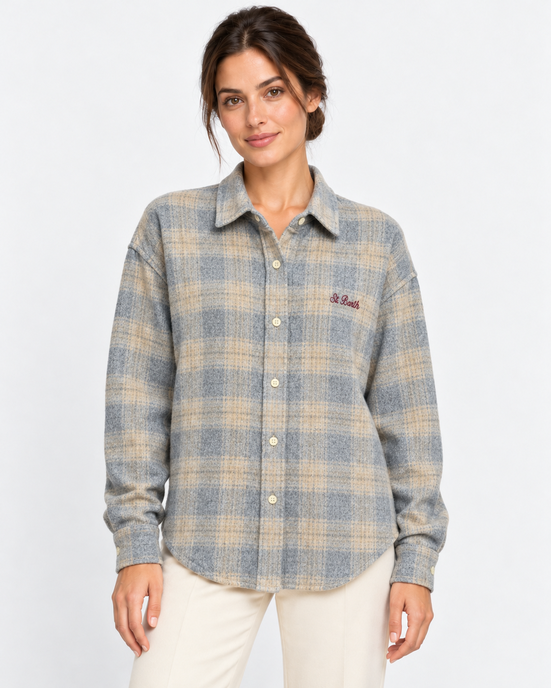 MC2 Saint Barth Camicia Donna Lully Snoopy Tartan Grigio e Beige