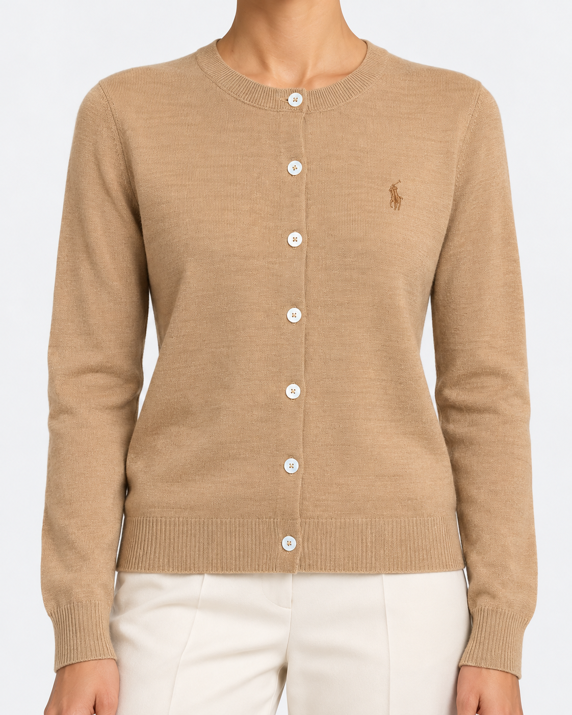 Polo Ralph Lauren Cardigan Donna Girocollo in Lana Cammello