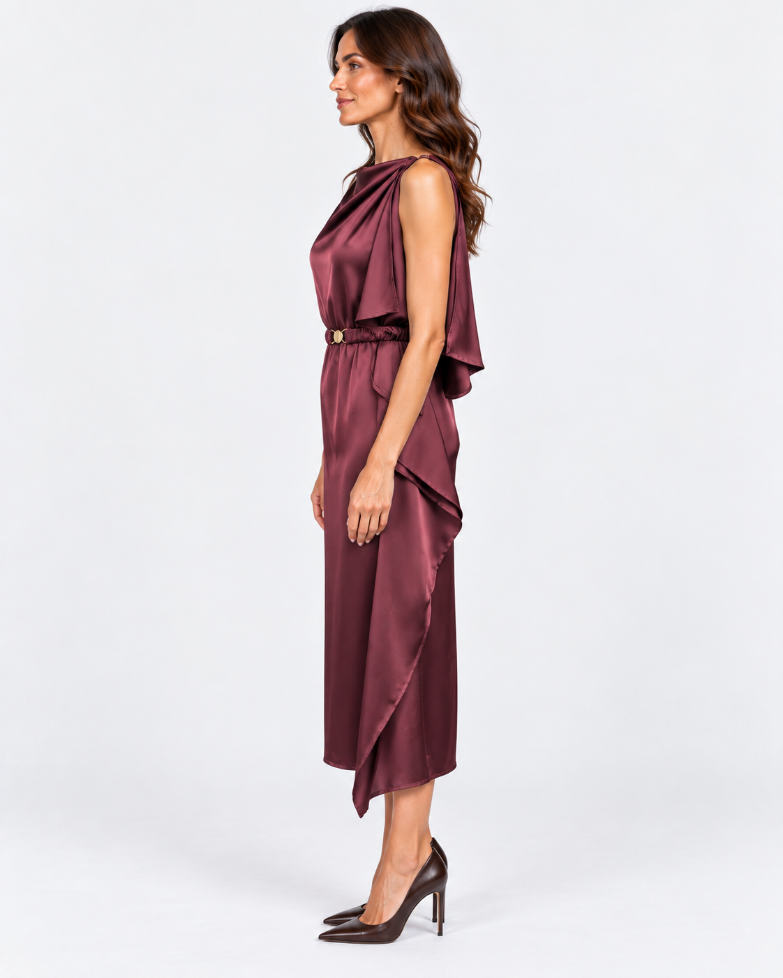 Dixie abito midi donna satinato bordeaux con cintura