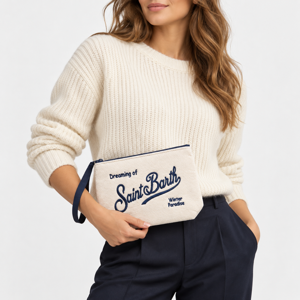 MC2 Saint Barth Pochette Donna Aline in Velluto a Coste Avorio