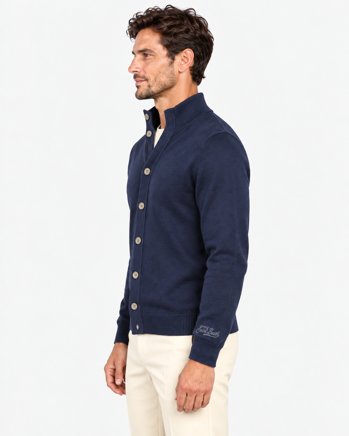 MC2 Saint Barth Cardigan Uomo Night Blue in Lana Merinos Extrafine