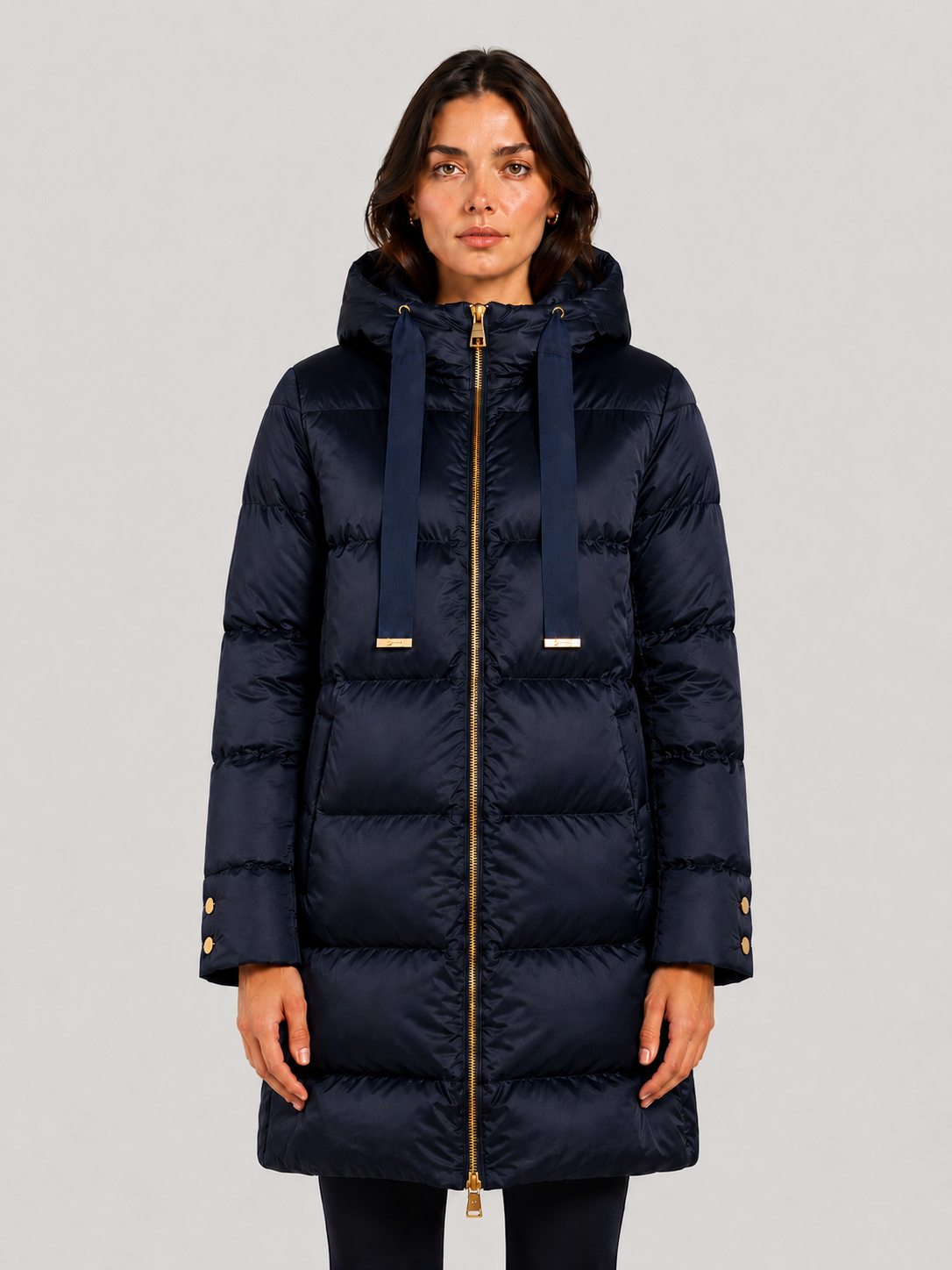 Piumino Donna Nylon Satin new blu con Cappuccio e Zip Oro