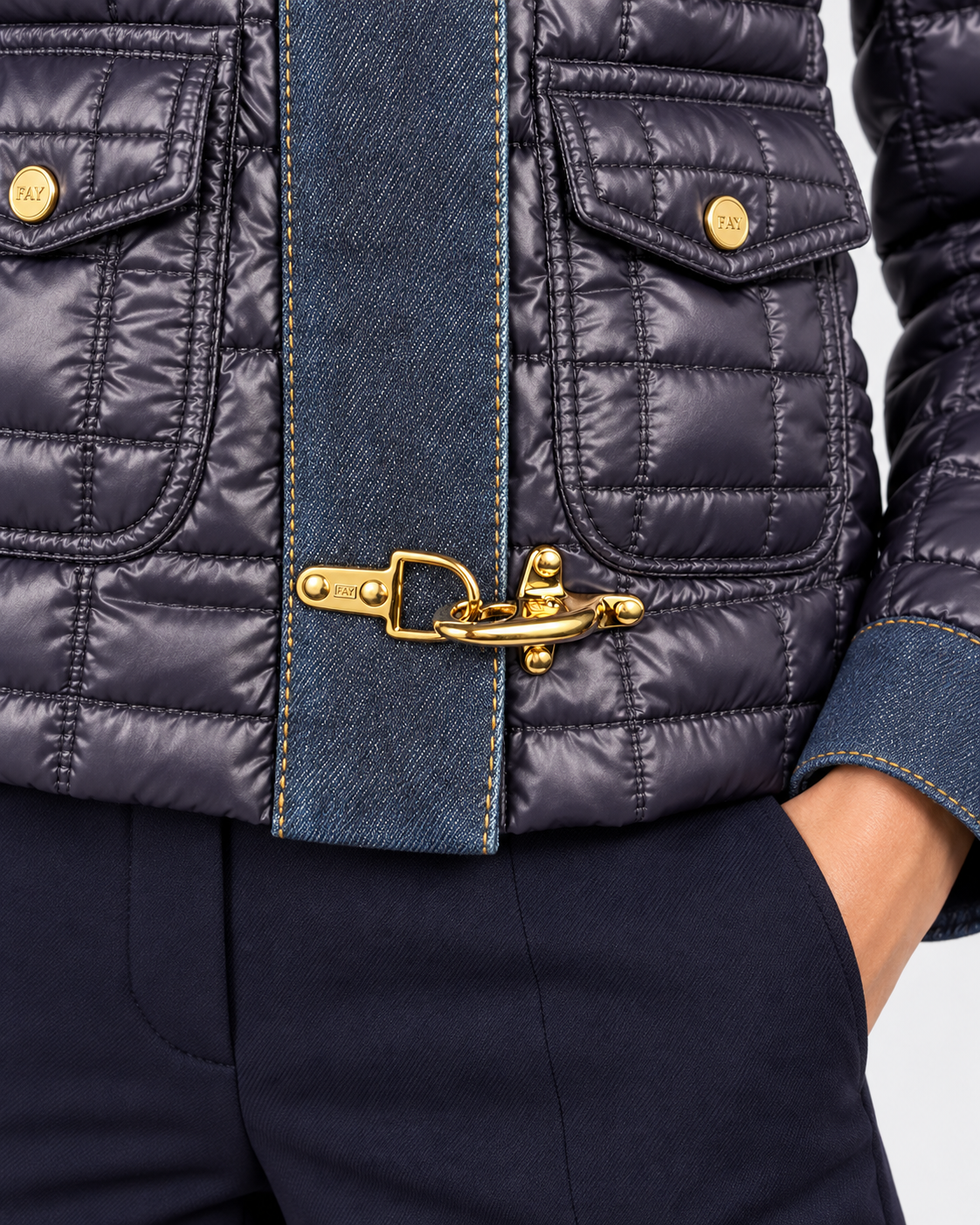 Fay 3 Ganci trapuntato a quadri in tessuto tecnico blue denim