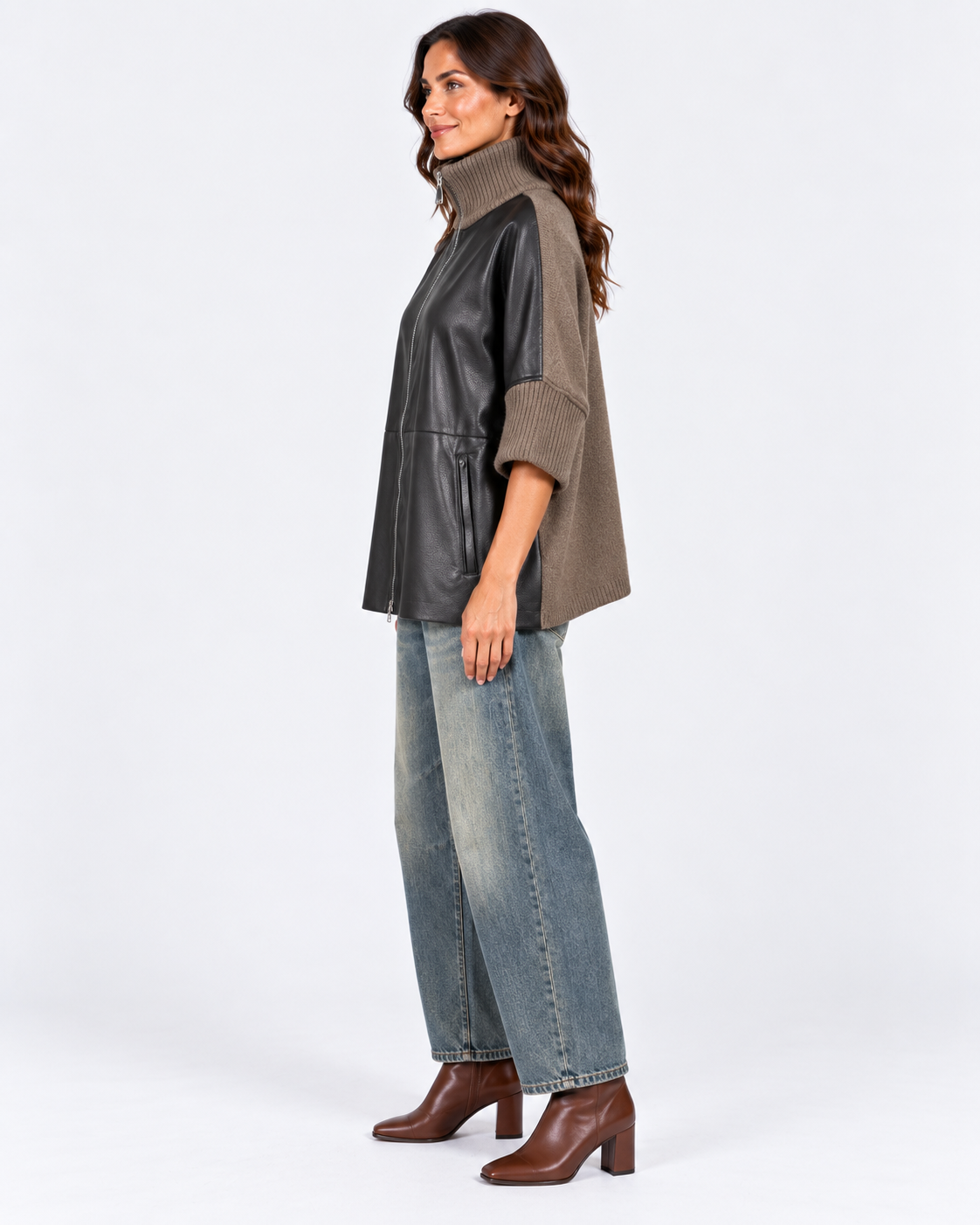 Dixie giubbotto donna in ecopelle marrone e maglia tortora