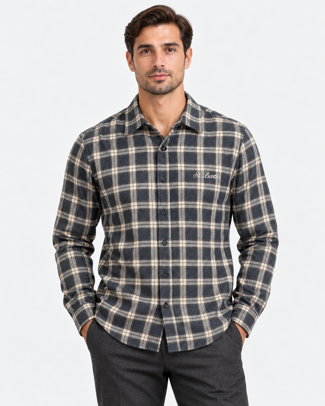 MC2 Saint Barth Camicia Uomo Seefeld in Cotone Tartan Antracite