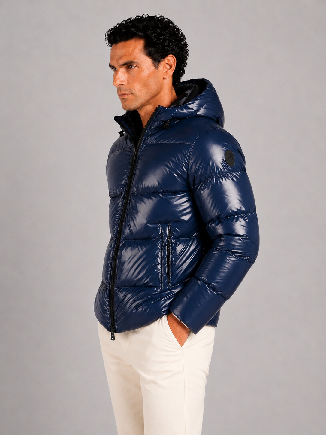 Piumino new blu con cappuccio in nylon gloss lucido effetto lacca