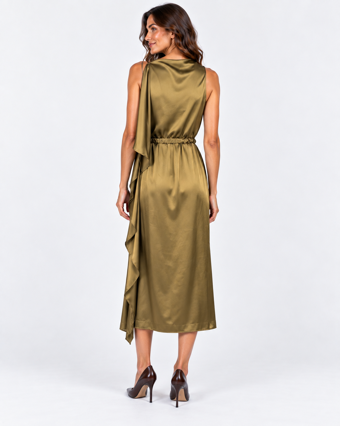 Dixie abito midi donna satinato olio con cintura