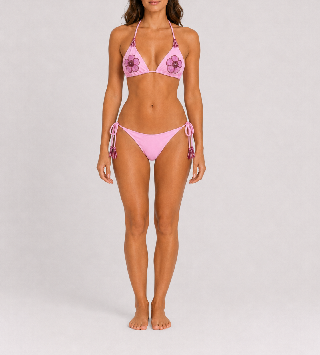 Bikini Maleah triangolo in tessuto rosa con perline