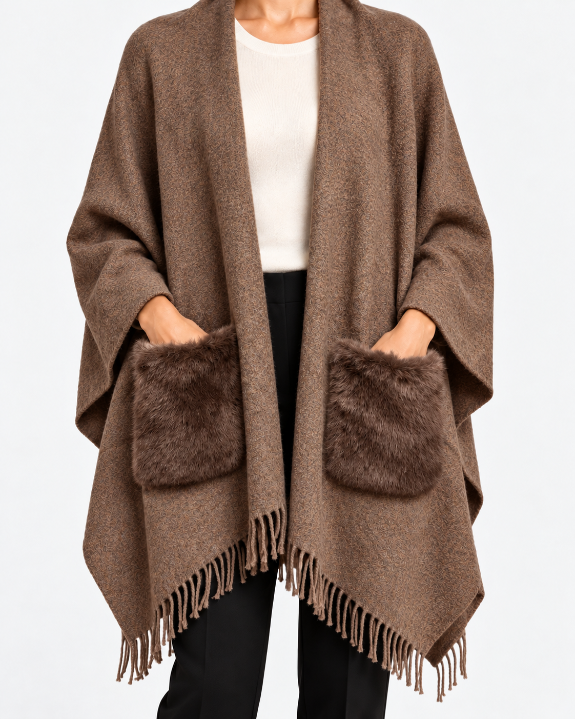 Gran Sasso Mantella Donna Marrone in Lana e Cashmere con Frange