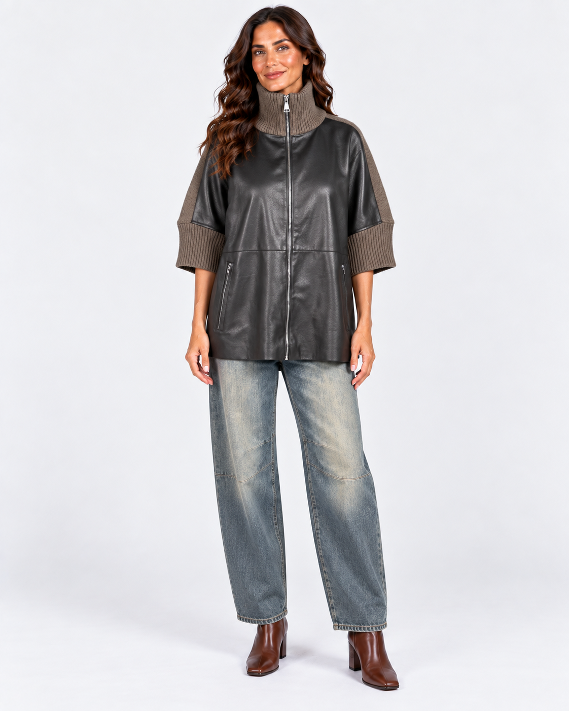 Dixie giubbotto donna in ecopelle marrone e maglia tortora