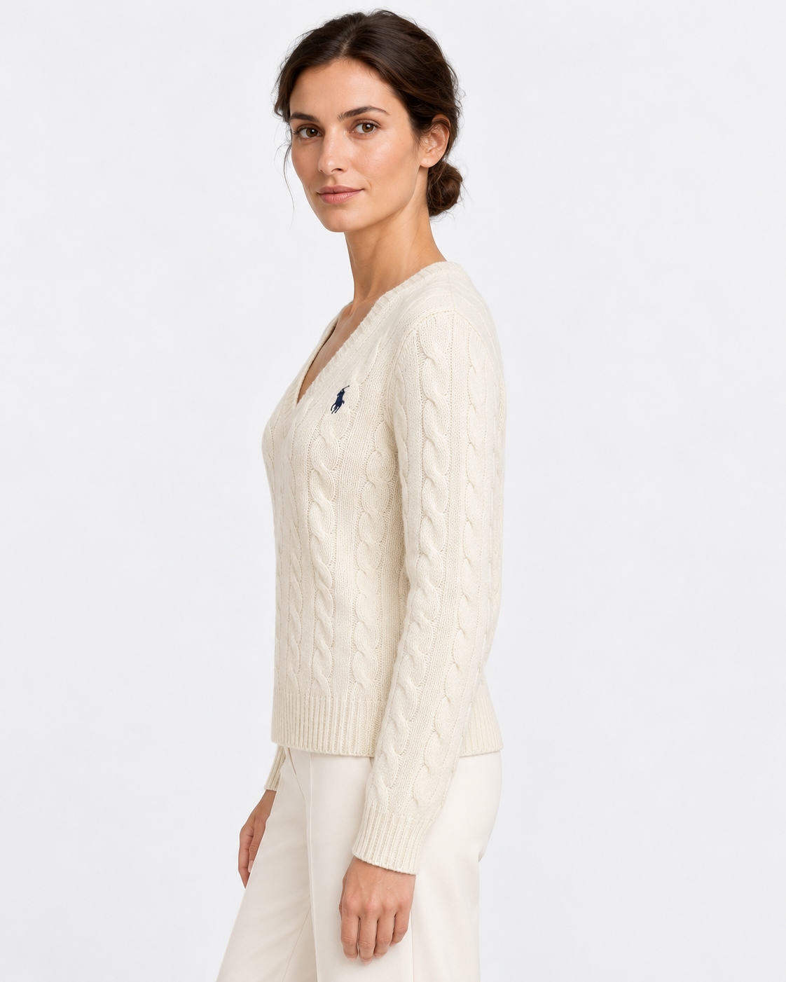 Maglione a collo a V in lana e cashmere a trecce bianco