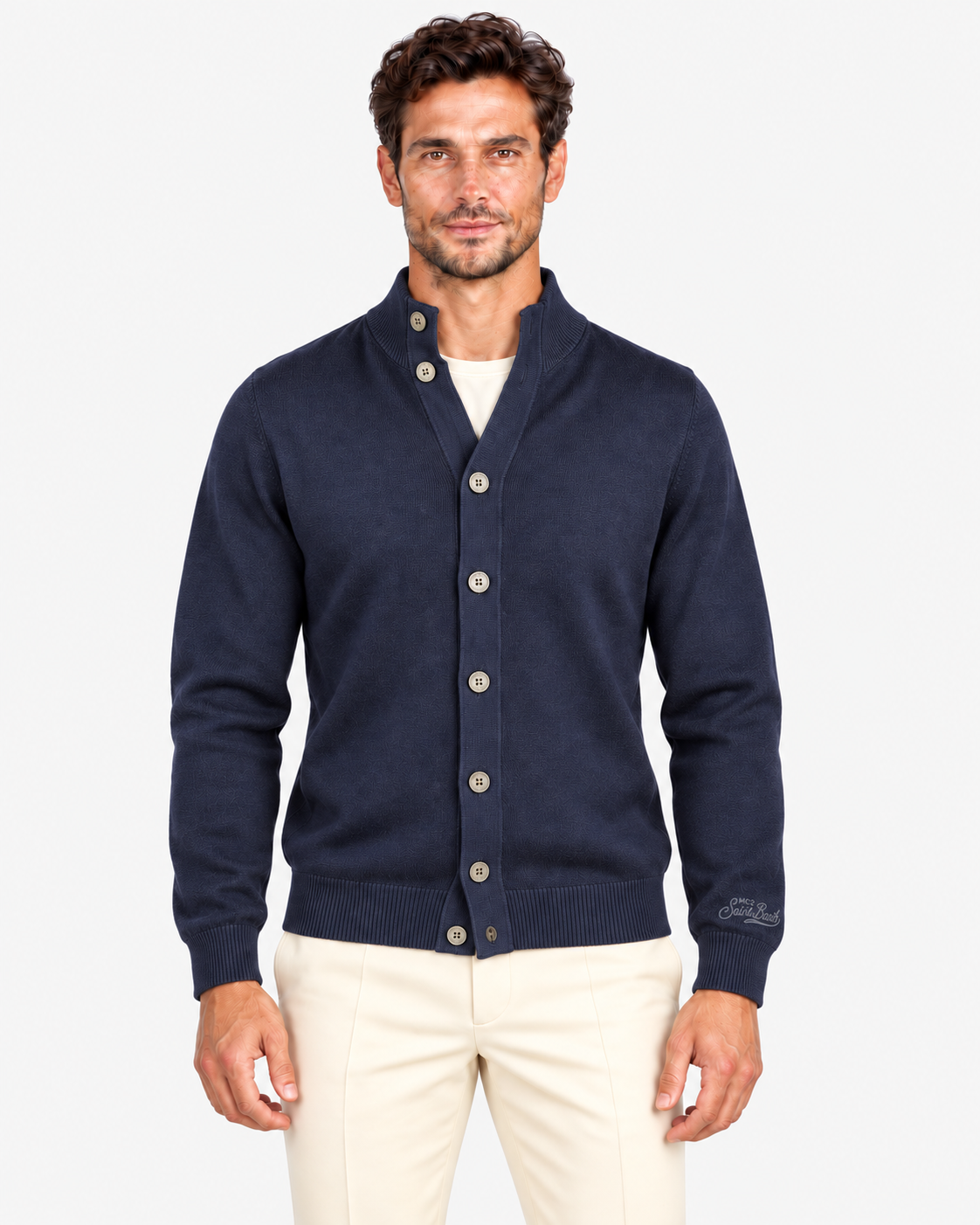 MC2 Saint Barth Cardigan Uomo Night Blue in Lana Merinos Extrafine