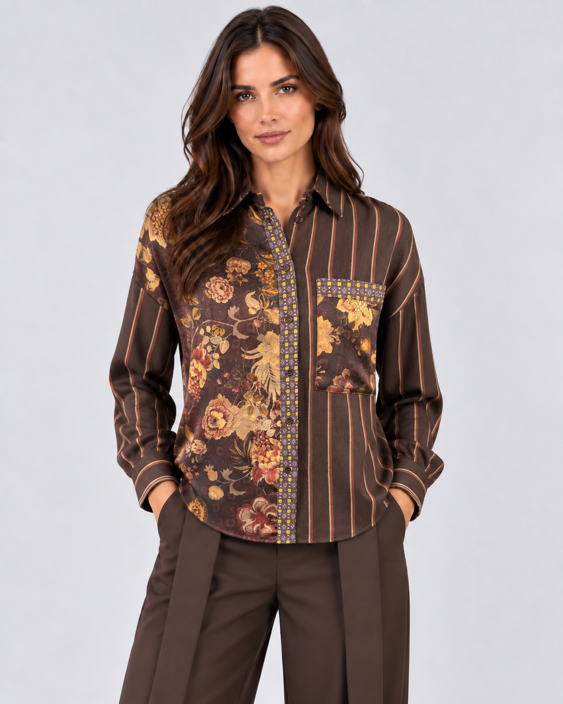 Dixie Camicia Donna Fantasia Floreale e Righe Brown