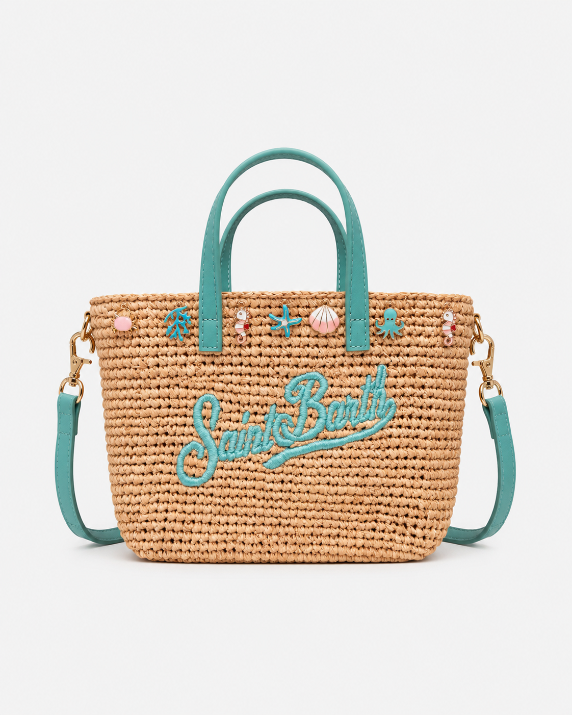 Borsa City mini in raffia con charms applicati e logo ricamato