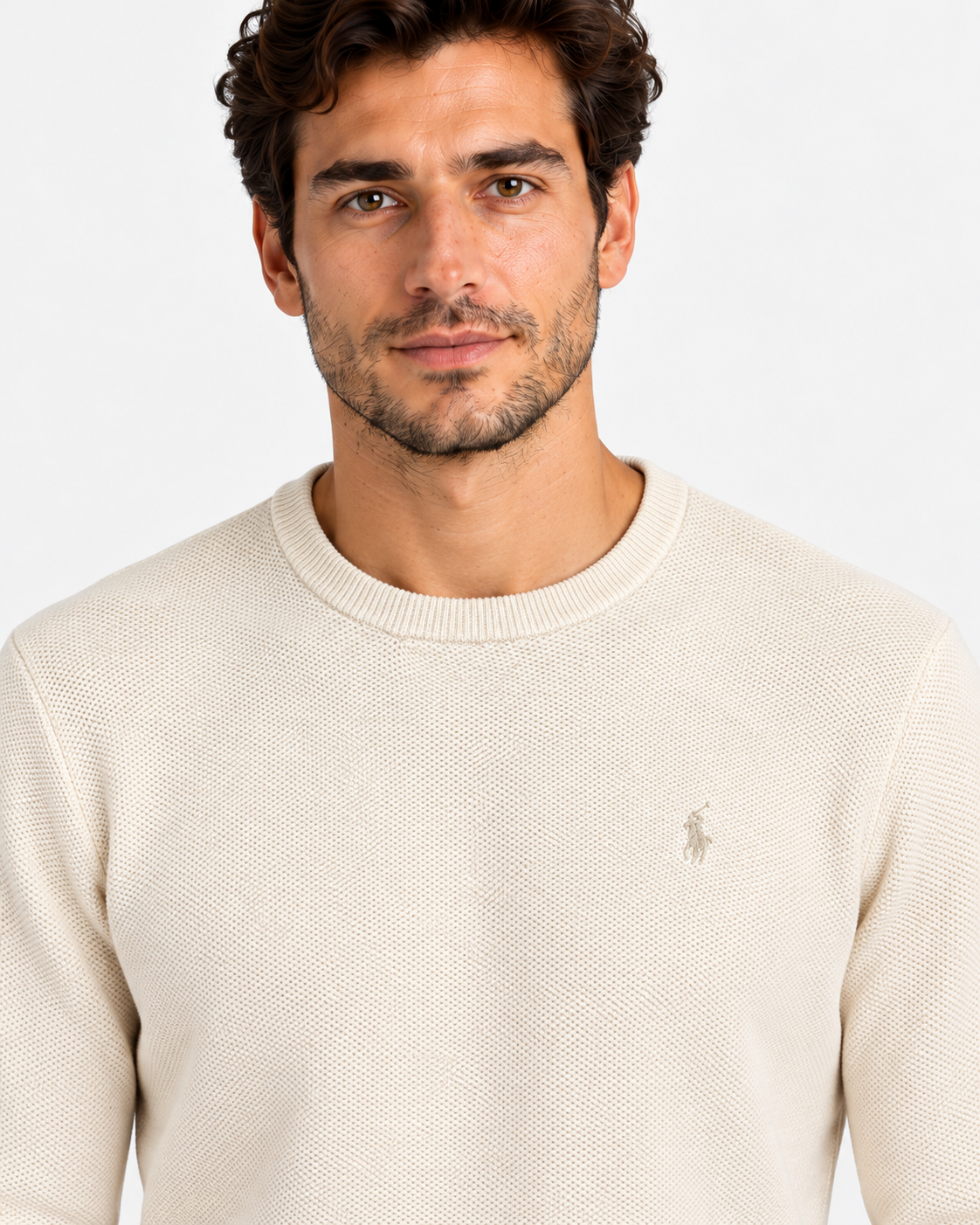 Polo Ralph Lauren Maglione Uomo Girocollo in Cotone Nido d’Ape Panna
