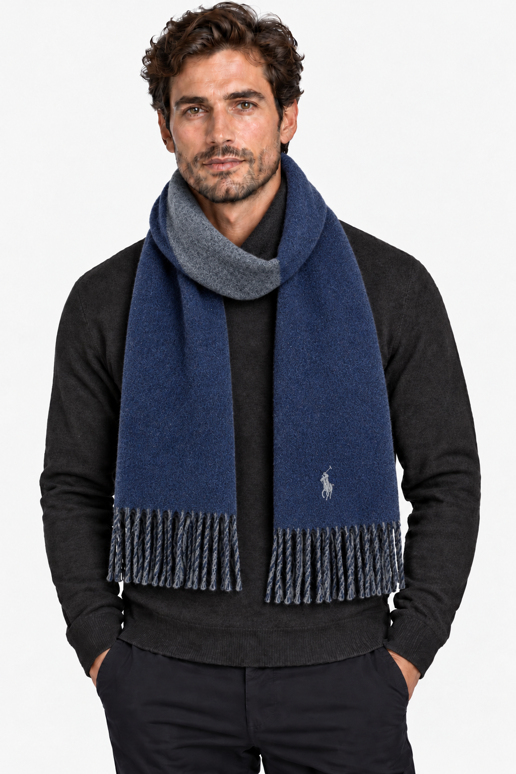Navy charcoal wool-blend reversible scarf