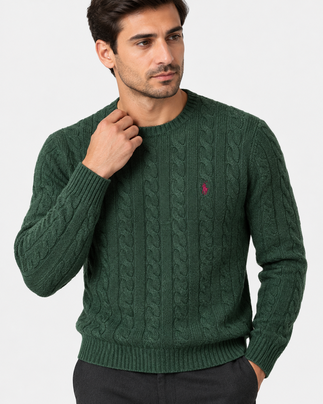 Polo Ralph Lauren Maglia Uomo Verde a Trecce in Lana e Cashmere